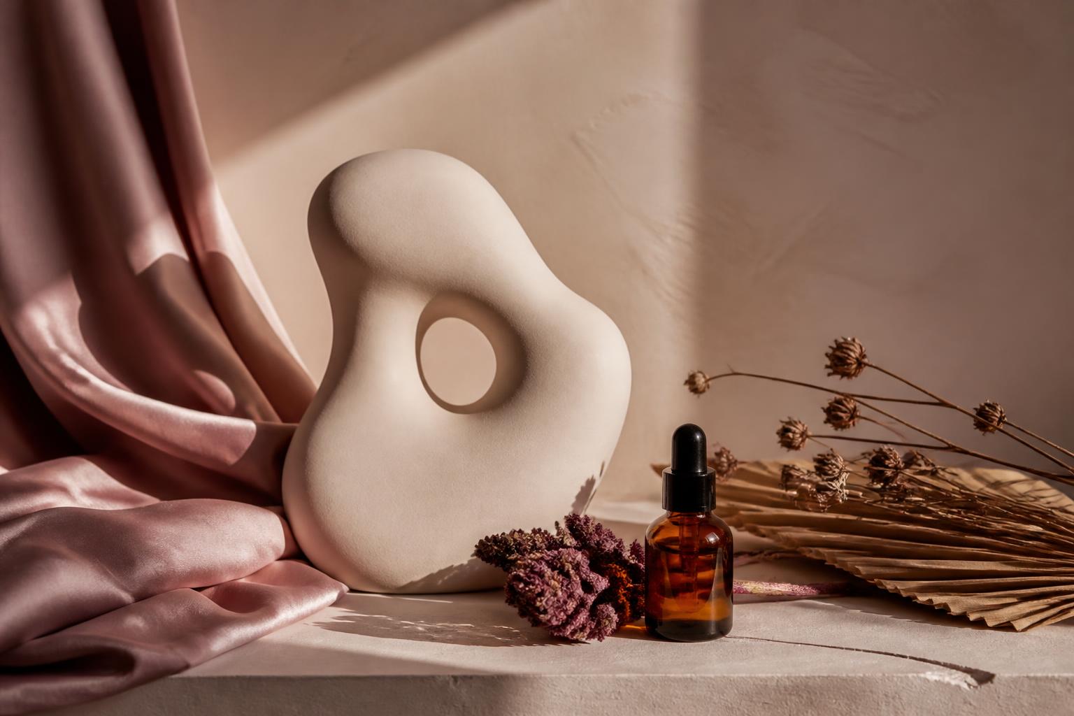 Soft blush silk, a sculptural ceramic form, dried botanicals, and an amber glass bottle arranged on warm cream plaster